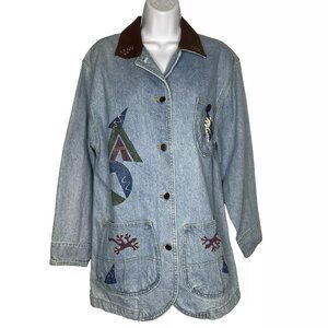 Vintage 80s Sunbelt Southwestern Painted Denim Chore Coat Jacket